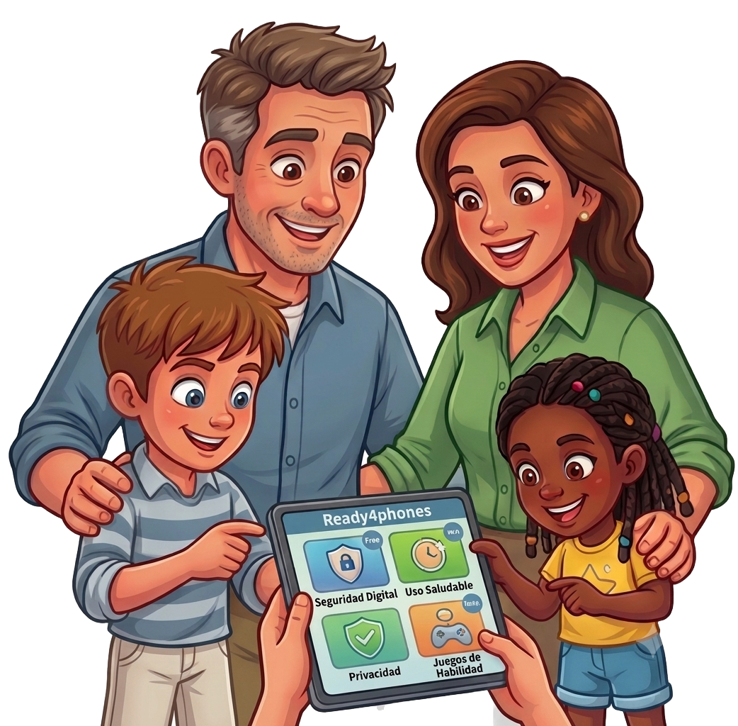 Una familia mirando juntos la app Ready4phones