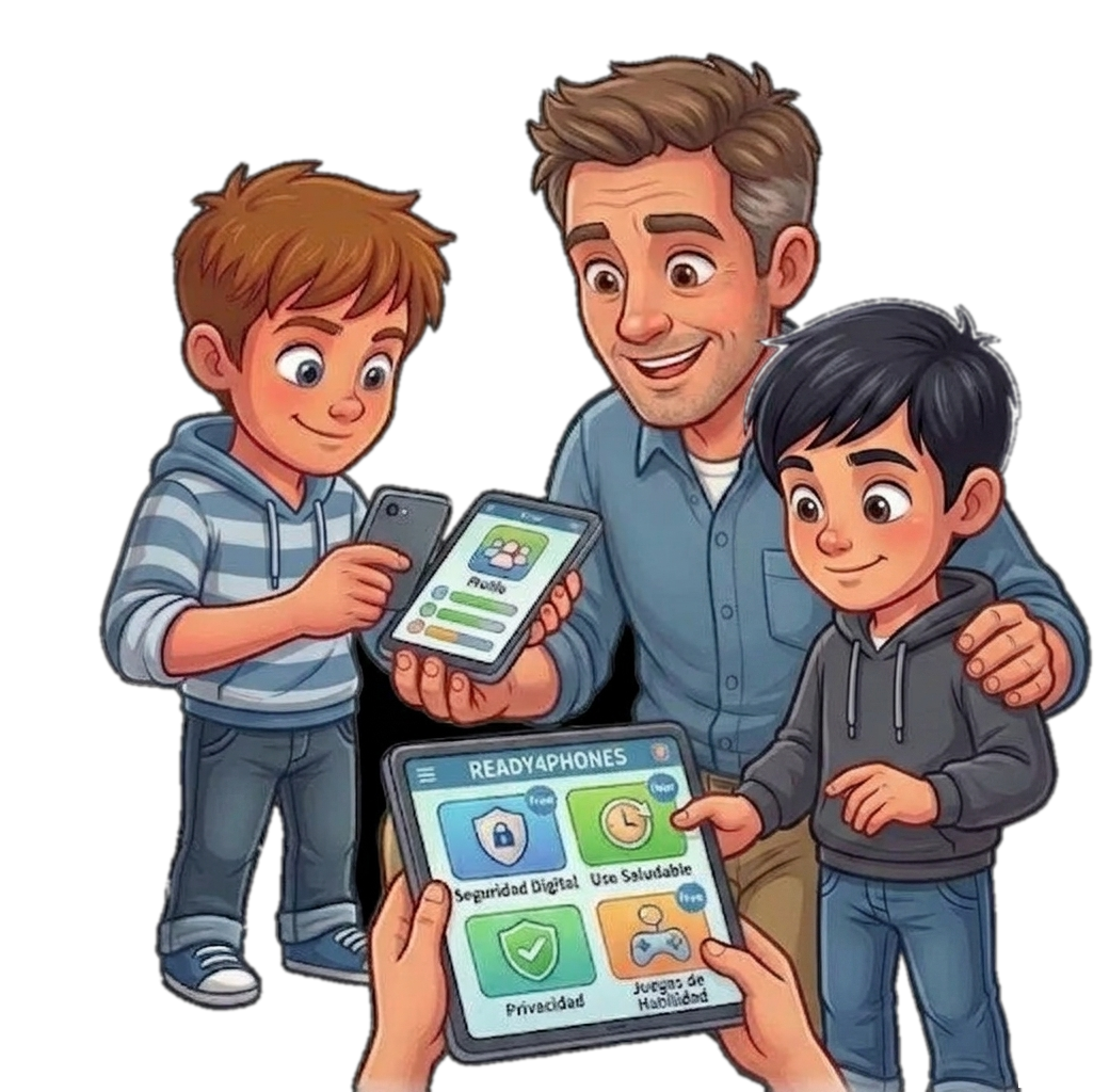 Un padre con sus dos hijos mirando la app Ready4phones